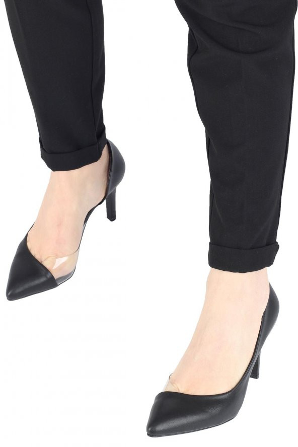 Siyah Yanı Açık Şeffaf Stiletto Topuklu Kadın Ayakkabı - Lotus - 2