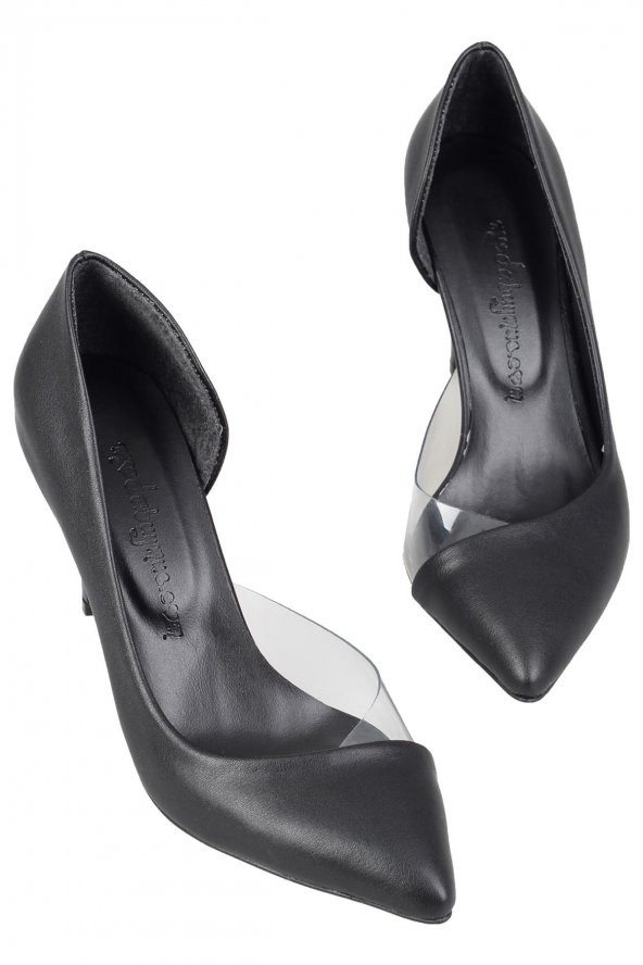 Siyah Yanı Açık Şeffaf Stiletto Topuklu Kadın Ayakkabı - Lotus - 4