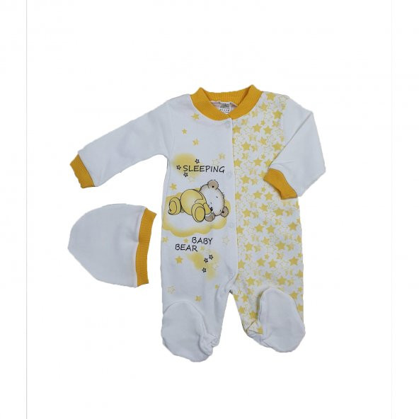 Kız-Erkek Bebek Ayı Modelli Şapkalı Tulum Takımı Sarı 3-9 Ay - C73612