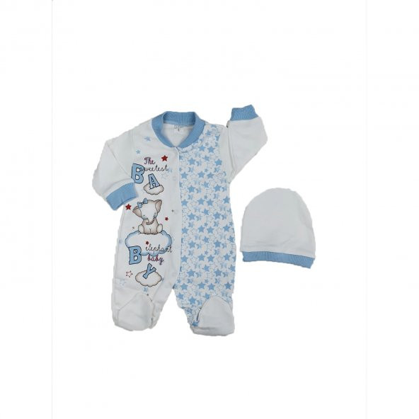 Kız-Erkek Bebek Fil Modelli Şapkalı Tulum Takımı Mavi 3-9 Ay - C73612-2