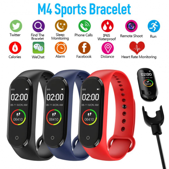 M4 Akıllı Bileklik Kol Bandı Fitness Saat Renkli Ekran Adım Sayar Nabız Kalori Ölçer İOS & Android Uyumlu - 3
