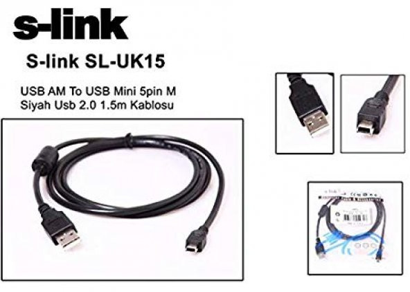 S-link SL-UK15 USB AM To USB Mini 5pin M Siyah Usb 2.0 1.5m Kablo