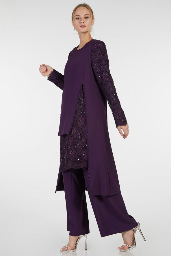 Mor - 2li Kolu Dantelli Pantolonlu Abiye Takım (1917406-500) - 2