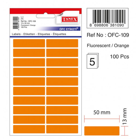 Tanex Fluorescent / ORANGE Ofis Etiketi 13mmX50mm 5.yaprak (100 Etiket)