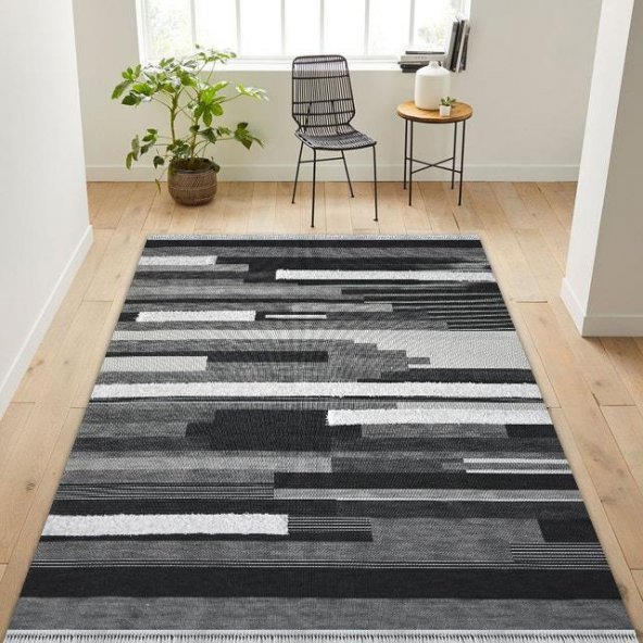 Siyah Gri Renklerde Yıkanabilir İnce Yazlık Kilim - HS84003 - 5