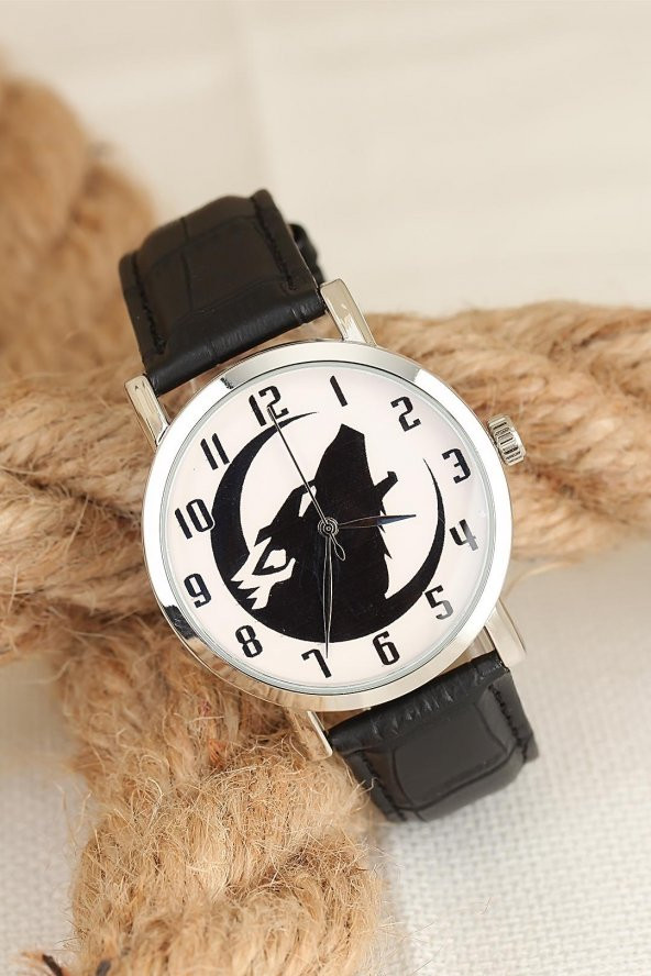 Bozkurtlu Erkek Saat Siyah Deri Kordonlu Silver Renk Metal Kasa