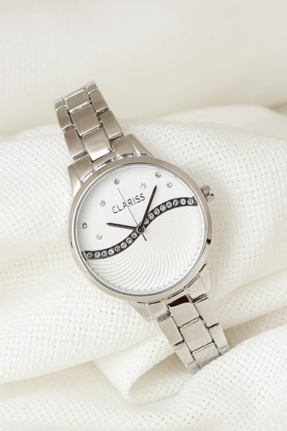 Silver ve Beyaz Renk Zirkon Taşlı İç Tasarımlı Clariss Kadın Saat