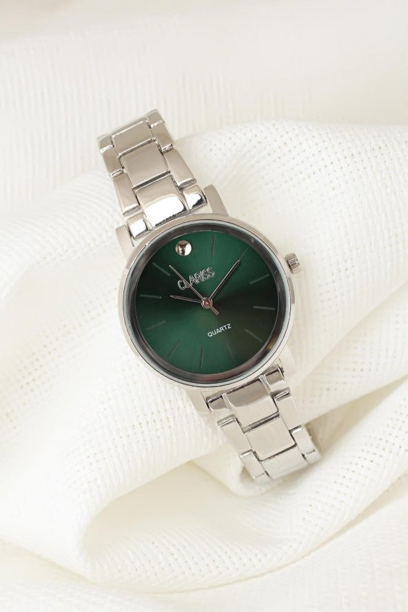Silver Renk Metal Kordon ve Kasa Yeşil Renk İç Tasarımlı Kadın Saat