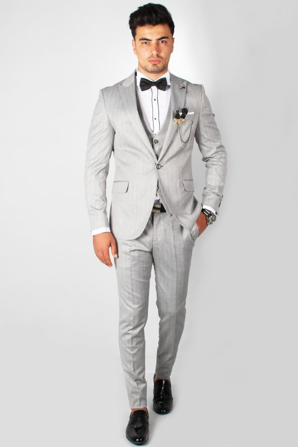 DeepSEA Gri Kendinden Çizgili Desenli Cep Kapaklı Çift Yırtmaç Takım Elbise 1900966