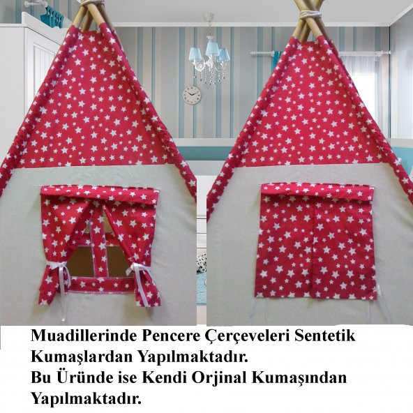 Altev Yıldız Desenli Ahşap Çoçuk Çadırı Kızılderili Çadırı Oyun Evi Oyun Çadırı Kamp Çadırı Yastıklı Minderli - 2
