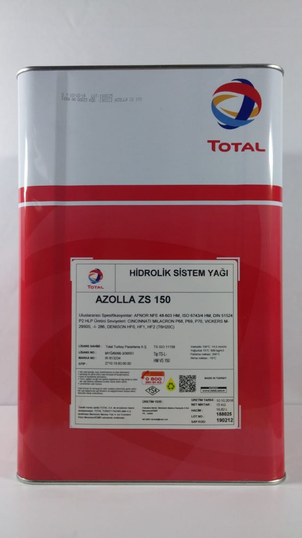 Total Azolla ZS 150 Hidrolik Ssistem Yağı (15KG)