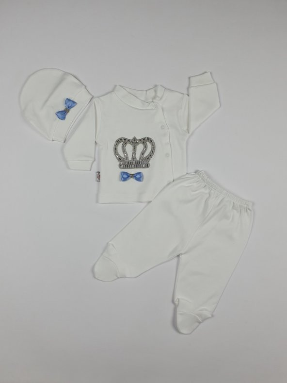 Erkek Bebek Taç Modelli Taşlı 2li Takım Yenidoğan Mavi - C71980-1