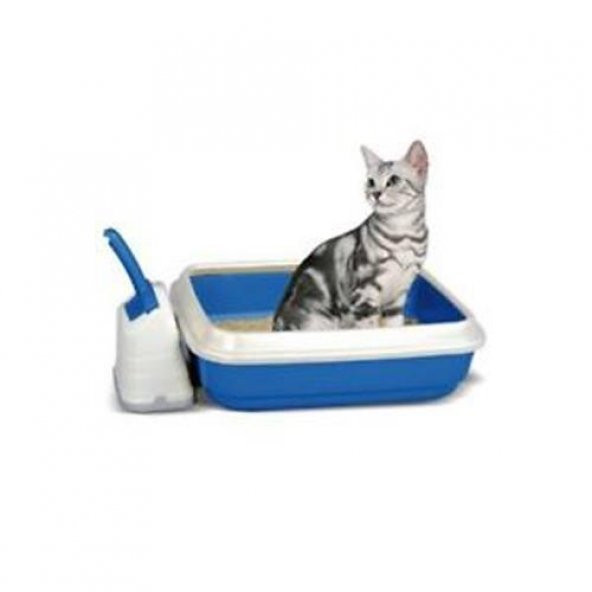 Imac Duo Açık Kedi Tuvalet Kabı Ve Kürek - Beyaz / Lacivert