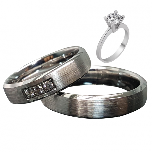 Taşlı Gümüş Çift Alyans Yüzük Tek Taş Hediyeli DN5058