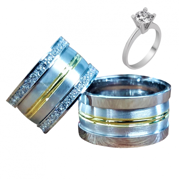 Taşlı Gümüş Çift Alyans Yüzük Tek Taş Hediyeli DN5095