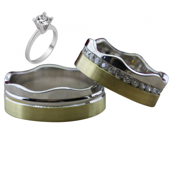 Taşlı Gümüş Çift Alyans Yüzük Tek Taş Hediyeli DN5180