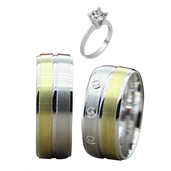 Taşsız Gümüş Çift Alyans Yüzük Tek Taş Hediyeli DN5265