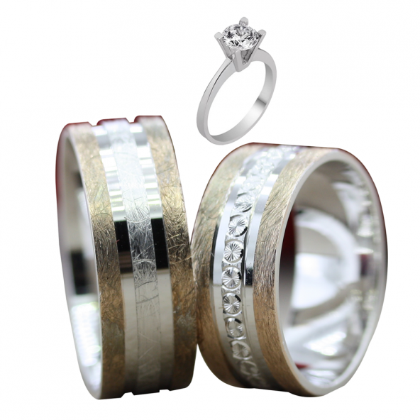 Taşsız Gümüş Çift Alyans Yüzük Tek Taş Hediyeli DN5281