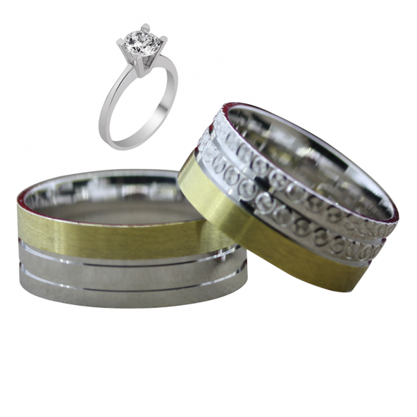 Taşsız Gümüş Çift Alyans Yüzük Tek Taş Hediyeli DN5333