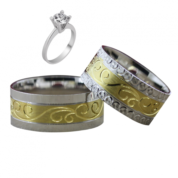 Taşsız Gümüş Çift Alyans Yüzük Tek Taş Hediyeli DN5337