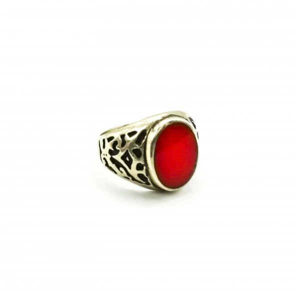 Kızıl Renkli Taş Desenli Antik Gümüş Renkli Dairesel Model Ayarlanabilir Erkek Yüzüğü
