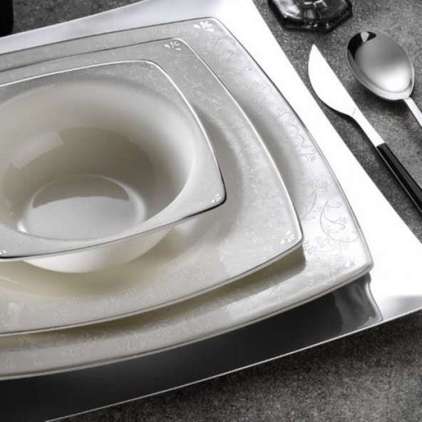 Kütahya Porselen 1074820 Bone Mare 62 Parça Yemek Takımı Platin