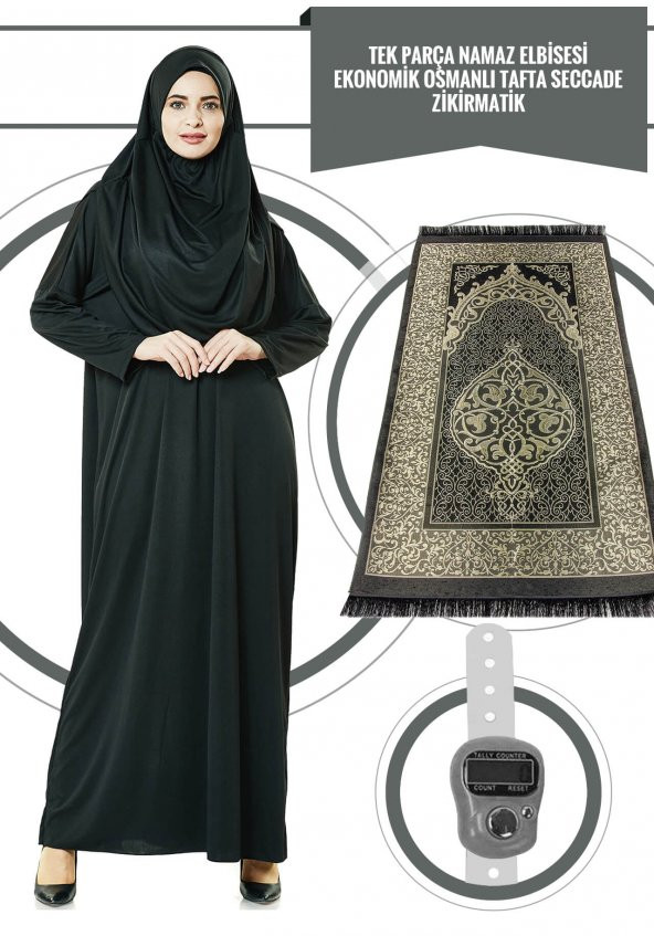Tek Parça Namaz Elbisesi - Siyah - 5015 & Seccade & Zikirmatik - Üçlü Takım-1121