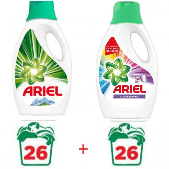 Ariel Renkli Beyaz Sıvı Çamaşır Deterjanı 26 Yıkama x2