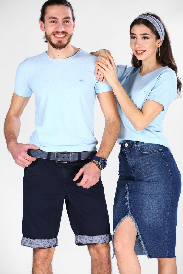 Sevgili Kombinleri Açık Mavi Kısa Kol Bicycle Yaka Basic Tshirt - 2