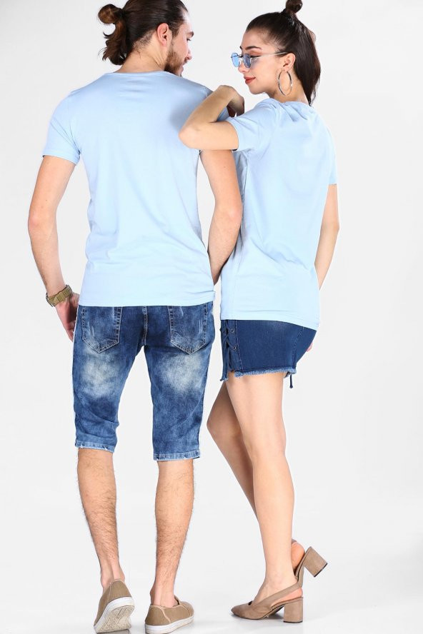 Sevgili Kombinleri Açık Mavi Kısa Kol Bicycle Yaka Basic Tshirt - 5