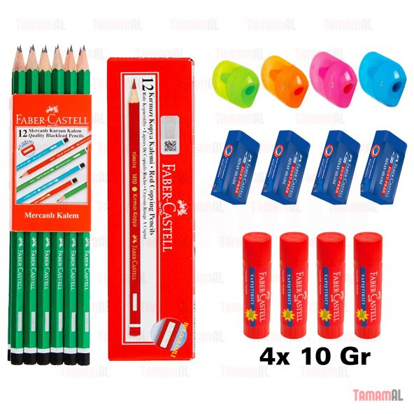 FABER CASTELL 4 KURŞUN KALEM + 2 KIRMIZI KALEM + 4 SİLGİ + 4AÇACK