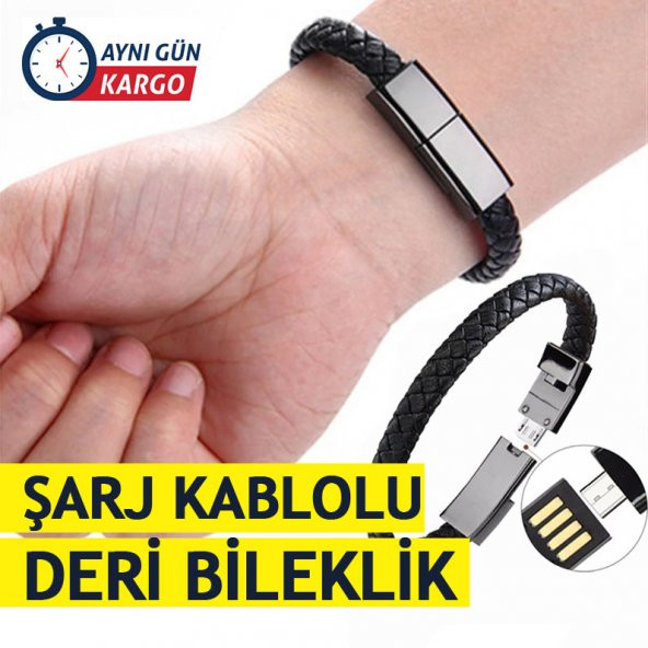 Iphone / Android Hızlı Şarj Data Kablolu Deri Bileklik