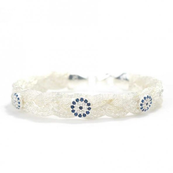 925 Ayar Gümüş Nazar Boncuğu 6 Telli El işi Örgü Zincir Bileklik ürün görseli