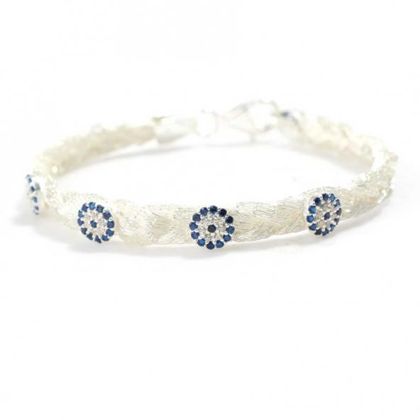 925 Ayar Gümüş Nazar Boncuğu yuvalı 4 Telli El işi Saç Örgü Bileklik - Resim 2