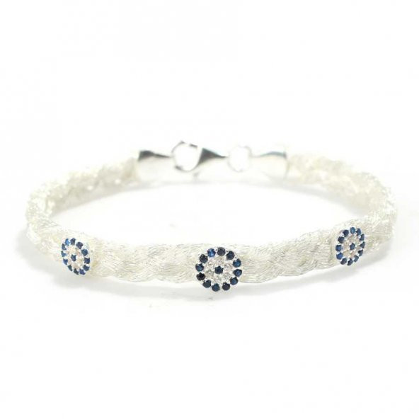 925 Ayar Gümüş 4 lu Sac Örgülü Nazar Boncuğu Taslı Bileklik ürün görseli