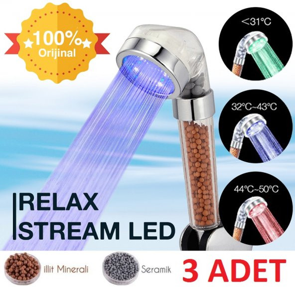 Relax Stream Led Işıklı %50 Su Tasarruflu Duş Başlığı - Kokulu ve Arıtmalı Duş Başlığı - 3 Adet