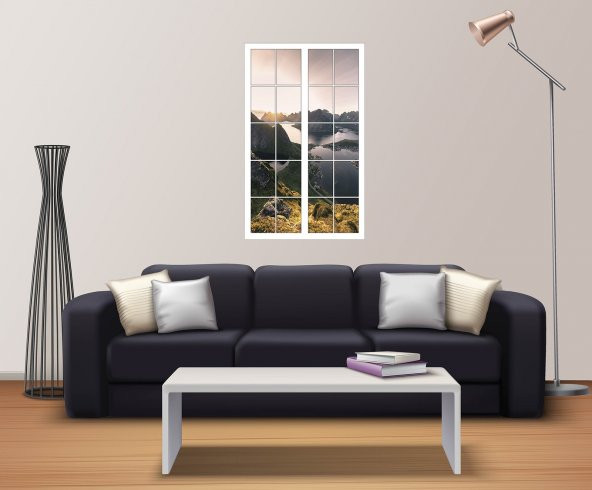 Pencere, Dağ, Gölet, Manzara Duvar Sticker - 2