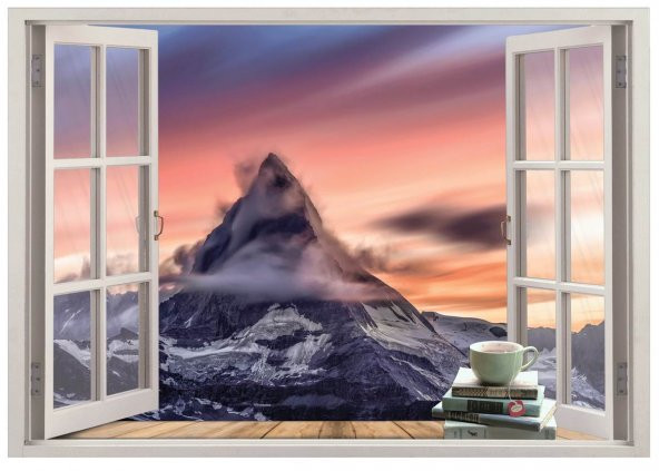 Pencere, Dağ Manzarası, Kahve, Kitap Duvar Sticker
