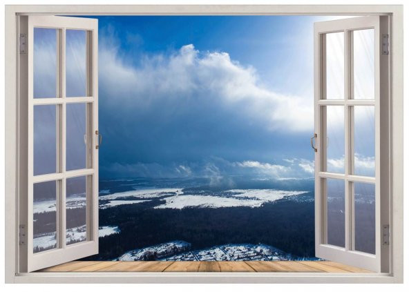 Pencere, Bulut, Kar, Orman Manzarası Duvar Sticker