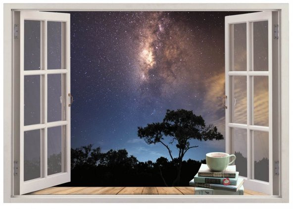 Pencere, Gece, Yıldızlar Duvar Sticker