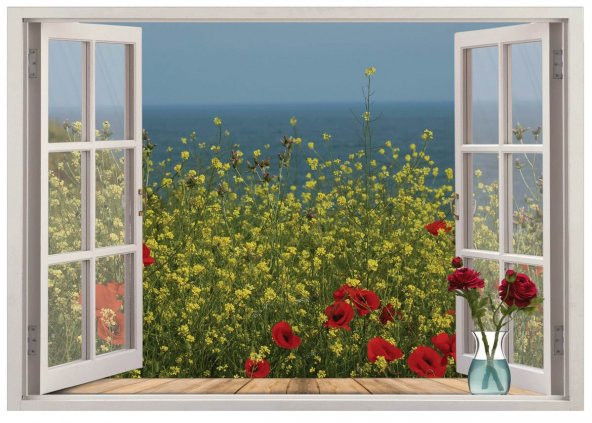 Pencere, Çiçekler, Deniz Manzarası Duvar Sticker