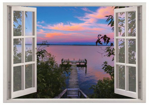 Pencere, Deniz Kıyısı, Ahşap İskele Duvar Sticker