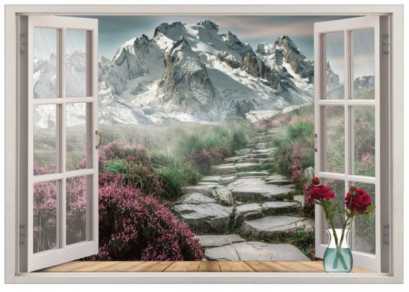 Pencere, Dağ Manzarası, Çiçekler Duvar Sticker