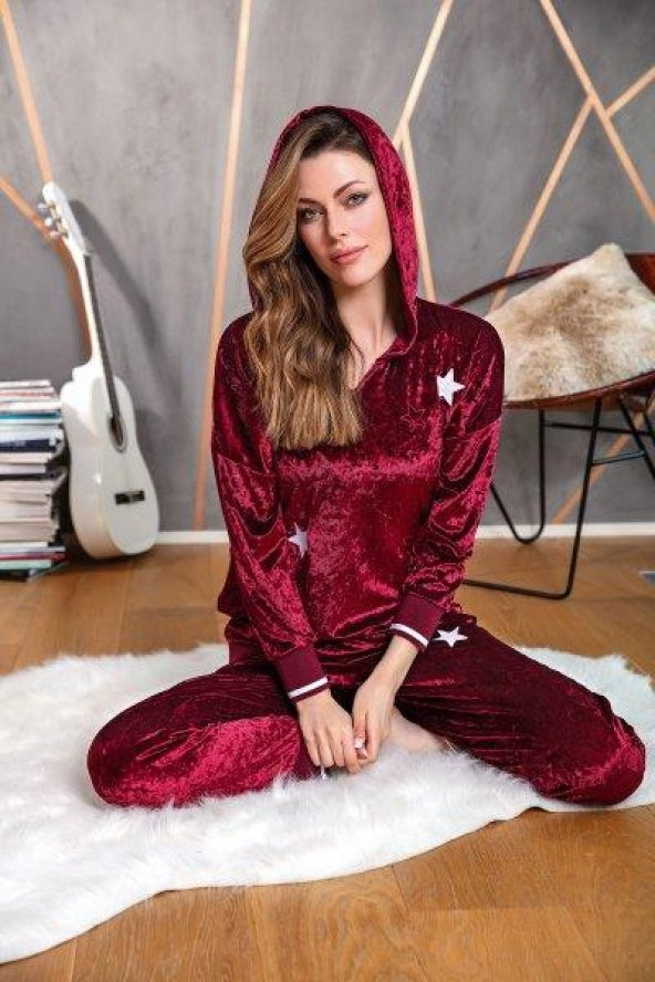 Anıl 9613 Ev Giyimi Uzun Kol Kapüşonlu Kadın Kadife Nakış Detaylı Pijama Takımı