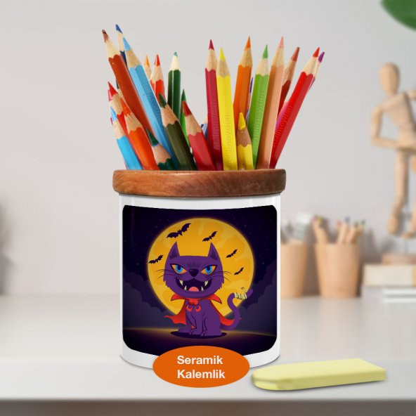 Korkunç Vampir Kedi Ahşap Seramik Kalemlik - 23-2147946231