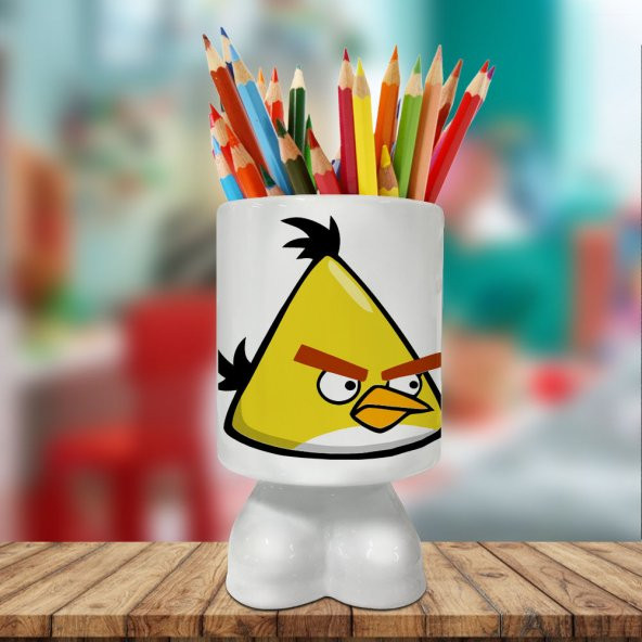 Angry Birds Sinirli Sarı Kuş Baskılı Ayaklı Seramik Kalemlik-634 - 1