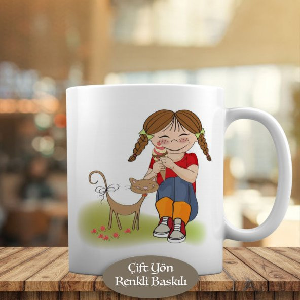 Mutlu Kedi ve Dondurma Yiyen Kız Kupa Bardak Hediyelik-1097