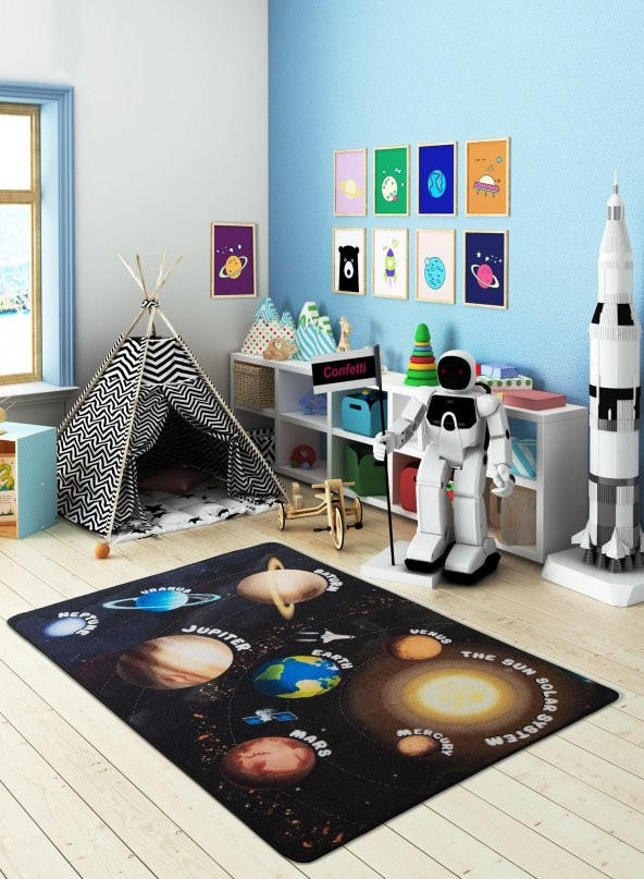 Confetti Planets Çocuk Odası Anaokulu Uzay Gezegenler Oyun Halısı