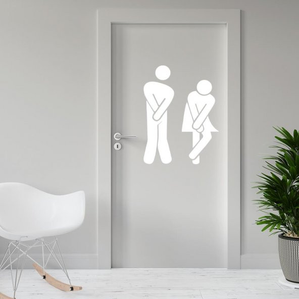 Sıkışmış Kadın Erkek Espirili WC Silüeti Dekoratif Kapı Sticker, Çıkartma - 2