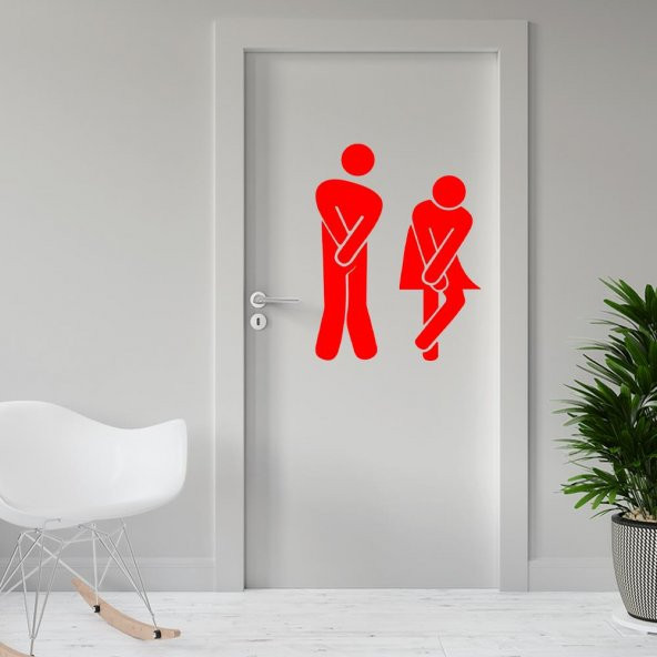 Sıkışmış Kadın Erkek Espirili WC Silüeti Dekoratif Kapı Sticker, Çıkartma - 4